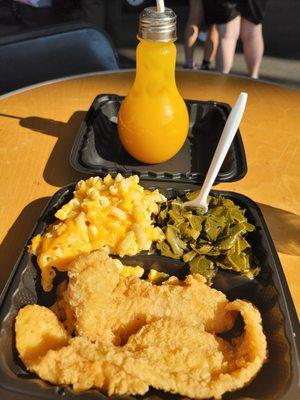 Fried fish, Mac & cheese, and collard greens