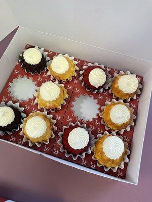 Bundtinis--from left to right: Chocolate chocolate chip, white chocolate raspberry, red velvet, lemon.