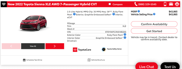 Screen capture of a van priced $3000 under our purchasing price with an upgraded trim package.