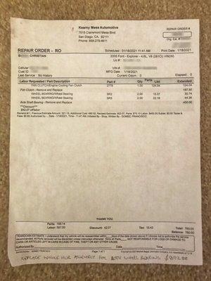 The original $760.00 estimate for parts and labor.