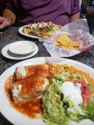 Chicken chimichangas and Nachos al Carbon