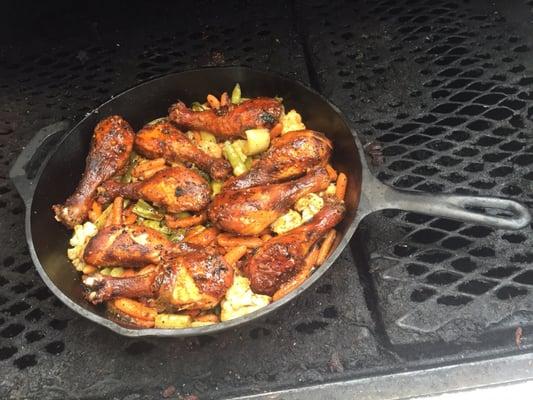 Smoked chicken and cast iron grilled vegetables