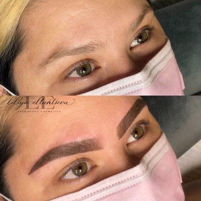 Ombré Eyebrows Before and After Immediately After Initial