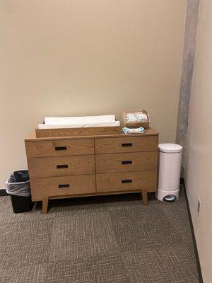 Stocked changing area with wipes and diapers