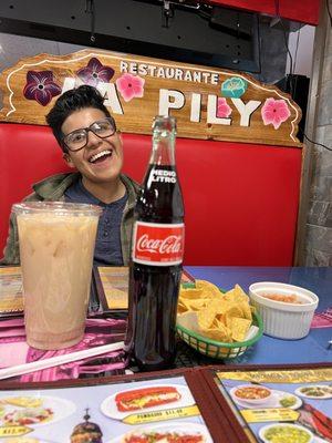 Chips and salsa, complimentary, horchata and Mexican Coke