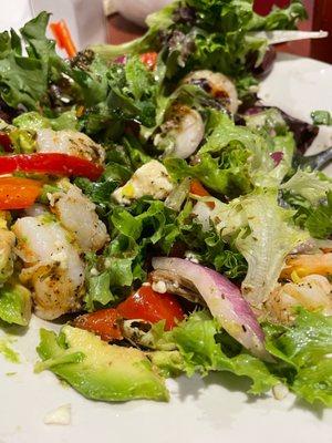 Greek Salad with requested add-ons of grilled shrimp and avocado