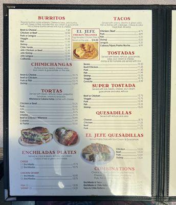 Menu. Jefe Burritos are normally wet, but they'll also make them dry. Super tostadas are in fried tortilla bowls.