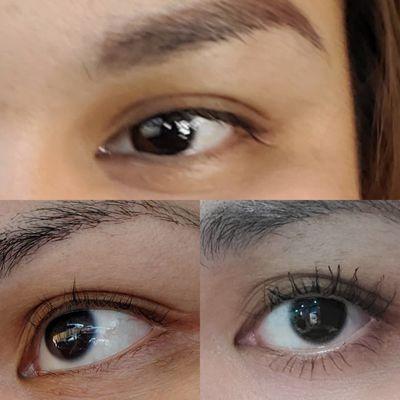 Top photo - before lash lift
 Bottom left - right after lash lift
 Bottom right - lash lift with mascara on