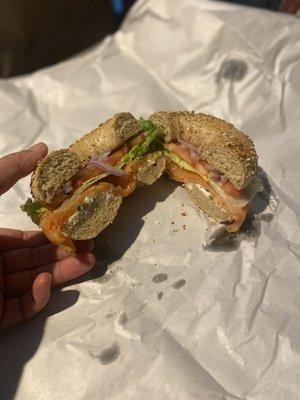 The works (nova lox) on whole wheat everything bagel toasted.