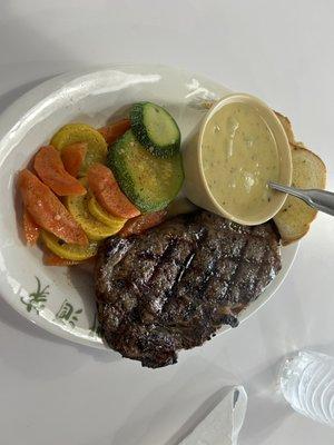 Ribeye w/ potato soup and veggies