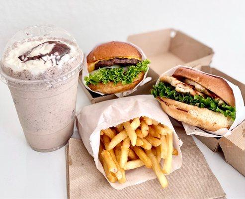 Cookies & cream milkshake, cheeseburger, grilled chicken sandwich, fries