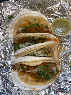 tacos(2 Al Pastor, Carne Enchilada and 1 Chicken)