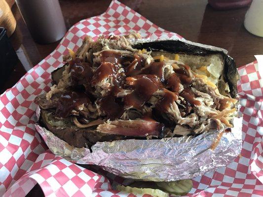 Pork BBQ stuffed potato at John's--enuf for two!