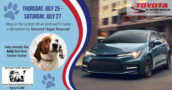 During our Red, White, & NEW Sales Event, we will be donating $5 to Second Hope Rescue per every test drive.