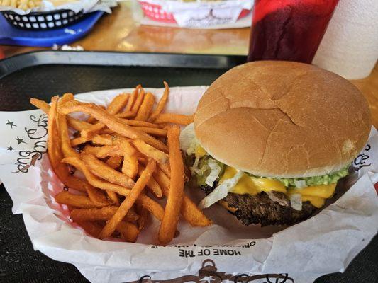 Guacamole burger and sweet potato fries