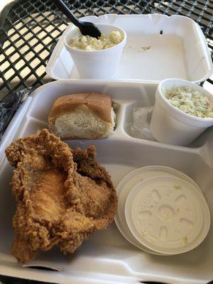 My dinner with slaw and potato salad. Slaw was really good. Chicken is ok.