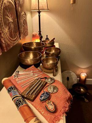 Tibetan Bowls, Shakers, Rain Stick, Tingsha Bells, Tuning Forks. These are all instruments that help rebalance the energy field (aura).