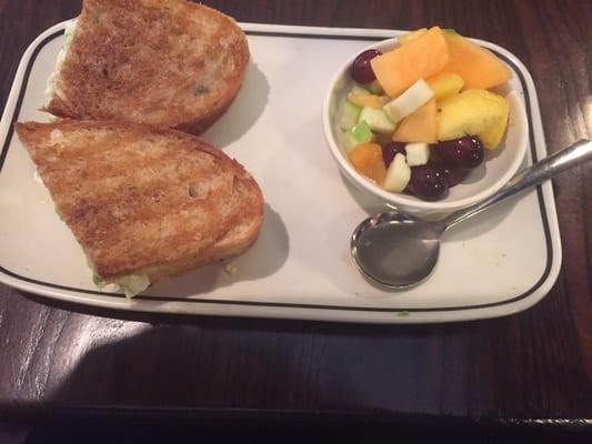 Anaheim panini with egg whites and chicken apple sausage with a side of fruit.