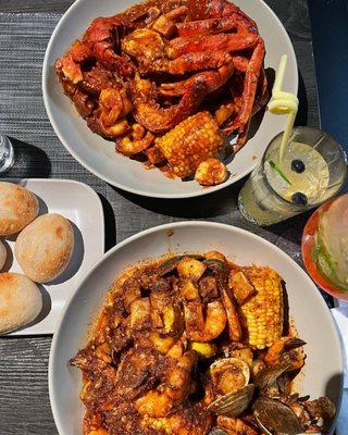 Seafood boil with clams, shrimp and crab.