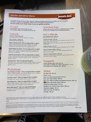 Gluten Sensitive Menu