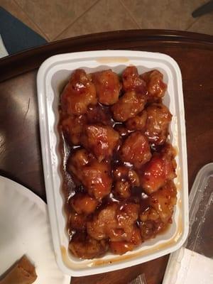 General tso's chicken.  Legitimately all chicken with 4 small pieces of broccoli.