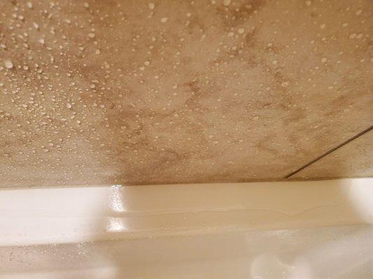 Water stays on the ledge of the bathtub after shower.