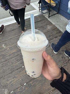 "White Chocolate Frap. With Boba" without the whip cream or chocolate drizzle as shown on the menu :/ and very little boba portion.