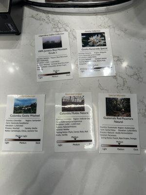 Single origin bean info cards