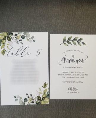 Printed signs for our wedding on a card stock