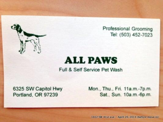 All Paws Business card (verifies phone, location, and days/hours open)