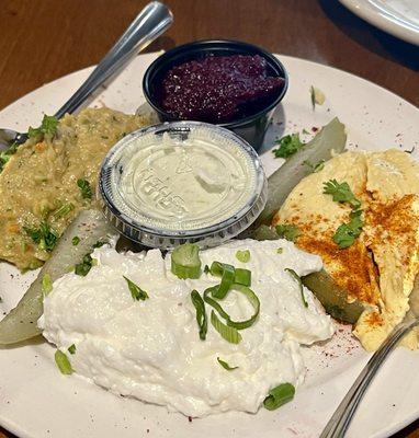 Dip app - beet, hummus, garlic, eggplant, and Tzatziki served with pita bread and chips