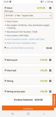 Uhaul hitch price subtotal of parts.