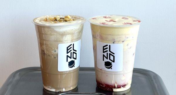 CORN LATTE (left) AND STRAWBERRY SHORTCAKE *customized drink* (strawberry oat milk with lavanic egg cream)