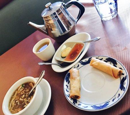 Spring Rolls with fresh made sauces that are delish! Hot & Sour soup to the left & Oolong tea.