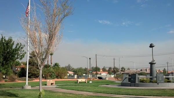 Plume of smoke in the background of fire park.