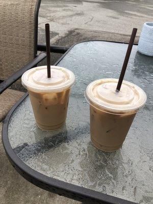 iced soy vanilla latte and iced toasted caramel latte