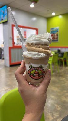 Cookie butter Italian ice swirled with vanilla soft serve