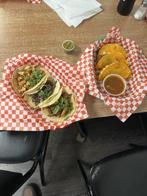 Pollo asado taco, carne asada taco, Al pastor taco, and 3 fried cheese and birria tacos!