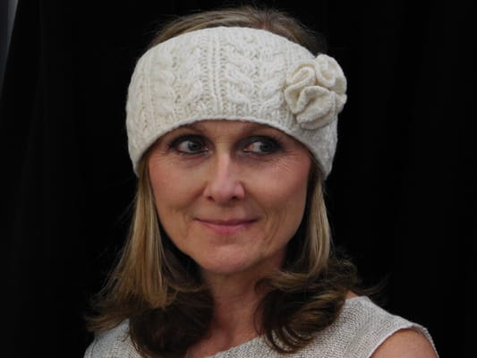 Aran Cable Knit Headbands with detachable flower and fleece backing for comfort wear.