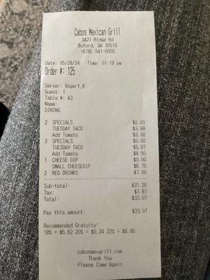 Receipt for the $7.50 for a few chopped up tomato pieces.