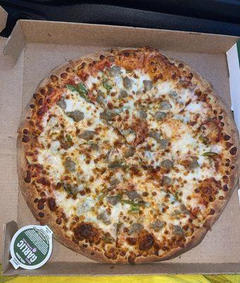 Large one topping pizza for $12 (after tax): sausage and bell pepper pizza