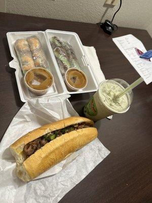 Matcha, Boba, Vietnamese, grilled pork sandwich, 02A. Shrimp Spring Rolls and beef rolls