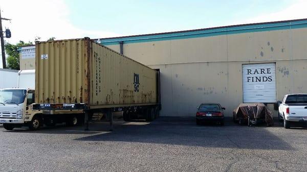 40 foot high cube container being unloaded at Rare Finds