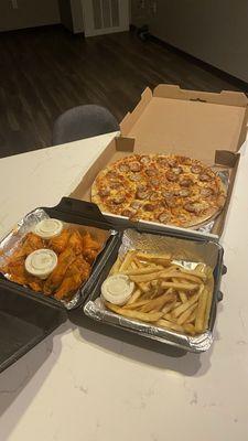 Pizza, wings, and fries