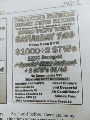 Their ad from our local Bingo Bugle--their admission and board prices are cheap!