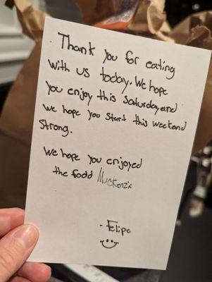 Personalized note that came with our delivery!