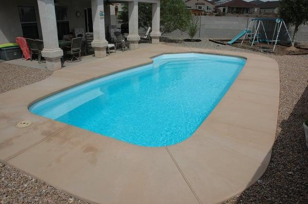 New Pool Install, Viking fiberglass pool, colored concrete broom finish