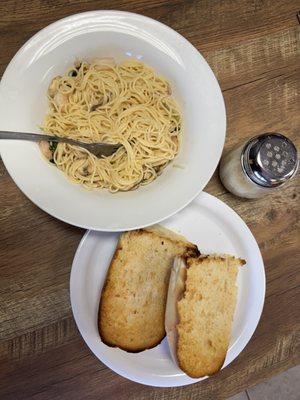 Pomedoro Pasta with shrimp and Garlic Bread 
(It also comes with salad)