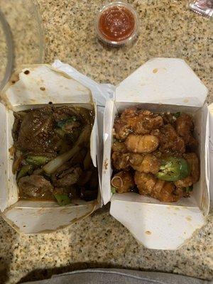 Mongolian beef and orange chicken