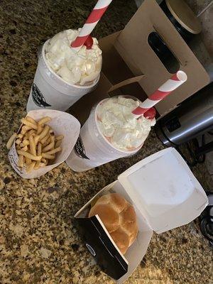 Butter Steakburger w/ grilled onions, side of French fries and a chocolate shake. Plus, Frisco Melt combo (not shown) w/ strawberry shake.